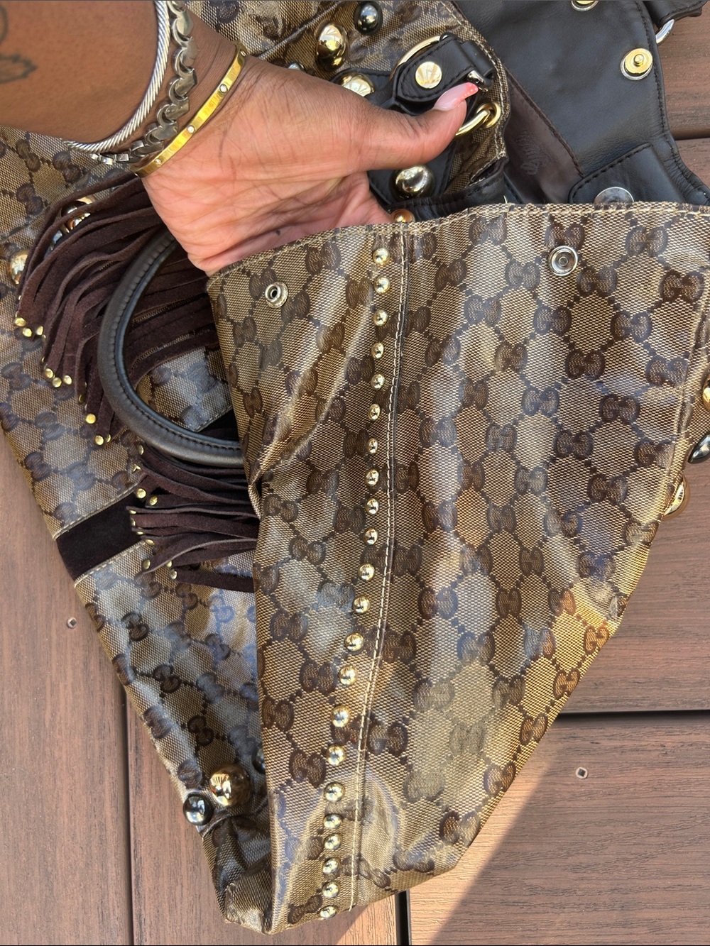 Gucci Brown Monogram Fringe Tote with Gold Accents - Picture 6 of 10